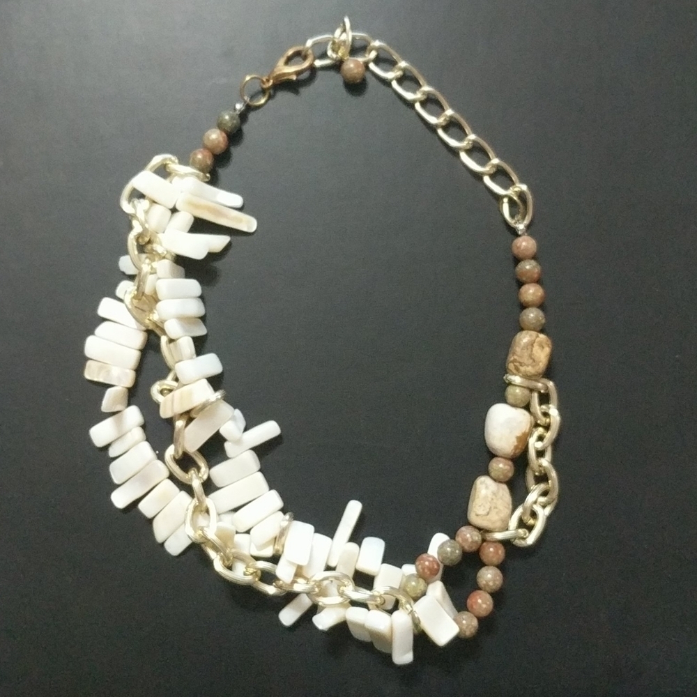White and Cream Shell and Jasper Gemstone and Gold Tone Chain Statement Necklace